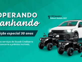 Banner promocional da campanha Cooperando e Ganhando, Edição Especial 30 Anos, do Sicoob Crediserra, com imagens de uma VW Saveiro Robust Modelo 2027 e quatro quadriciclos Terrox 400L como prêmios.