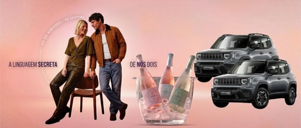 PROMOÇÃO DIA DOS NAMORADOS BH SHOPPING 2026 Ilustração promocional com um casal à esquerda, três garrafas de espumante em um balde de gelo ao centro e dois veículos SUV cinzas à direita sobre um fundo rosado.