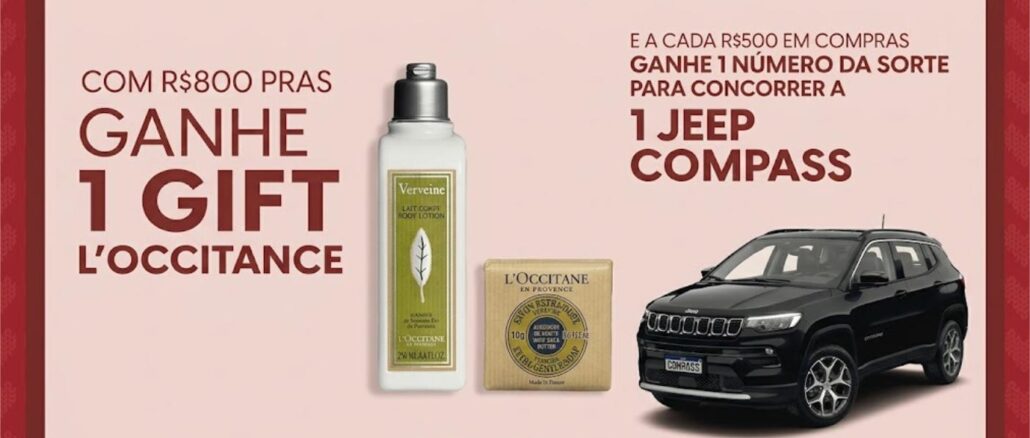 PROMOÇÃO DIA DOS NAMORADOS PARKSHOPPINGBARIGÜI CURITIBA 2026 Banner publicitário com fundo rosa claro anunciando brinde da marca L'Occitane para compras de R$800 e sorteio de um veículo Jeep Compass a cada R$500 gastos.