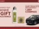 Banner publicitário com fundo rosa claro anunciando brinde da marca L'Occitane para compras de R$800 e sorteio de um veículo Jeep Compass a cada R$500 gastos.