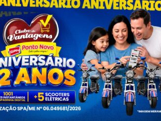 Banner promocional do Aniversário de 12 Anos do Supermercado Ponto Novo, com destaque para 1001 brindes instantâneos na raspadinha digital e 5 scooters elétricas como prêmios, autorização SPA/ME nº 06.049681/2026.