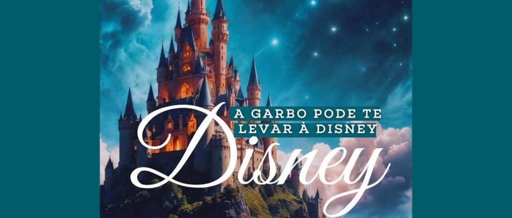 Ilustração de um castelo majestoso situado no topo de uma montanha rochosa sob um céu noturno estrelado, contendo o texto A Garbo pode te levar à Disney com a palavra Disney escrita em fonte cursiva branca.