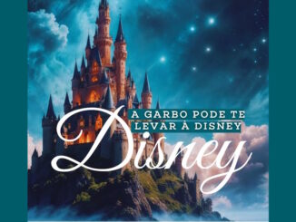 Ilustração de um castelo majestoso situado no topo de uma montanha rochosa sob um céu noturno estrelado, contendo o texto A Garbo pode te levar à Disney com a palavra Disney escrita em fonte cursiva branca.