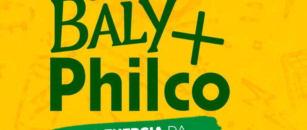 PROMOÇÃO GELA BALY COM PHILCO Logotipo das marcas Gela Baly e Philco em letras verdes sobre um fundo amarelo vibrante, com a frase A energia da torcida brasileira escrita em uma faixa verde na parte inferior.