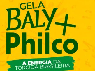 Logotipo das marcas Gela Baly e Philco em letras verdes sobre um fundo amarelo vibrante, com a frase A energia da torcida brasileira escrita em uma faixa verde na parte inferior.
