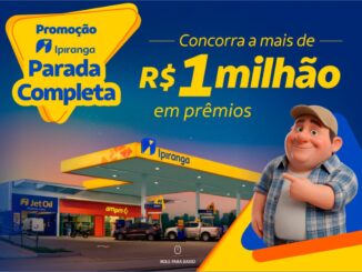 Banner da Promoção Ipiranga Parada Completa com prêmios acima de R$1 milhão, exibindo um posto de combustíveis Ipiranga com loja ampm e Jet Oil ao fundo e um mascote animado em 3D à direita.