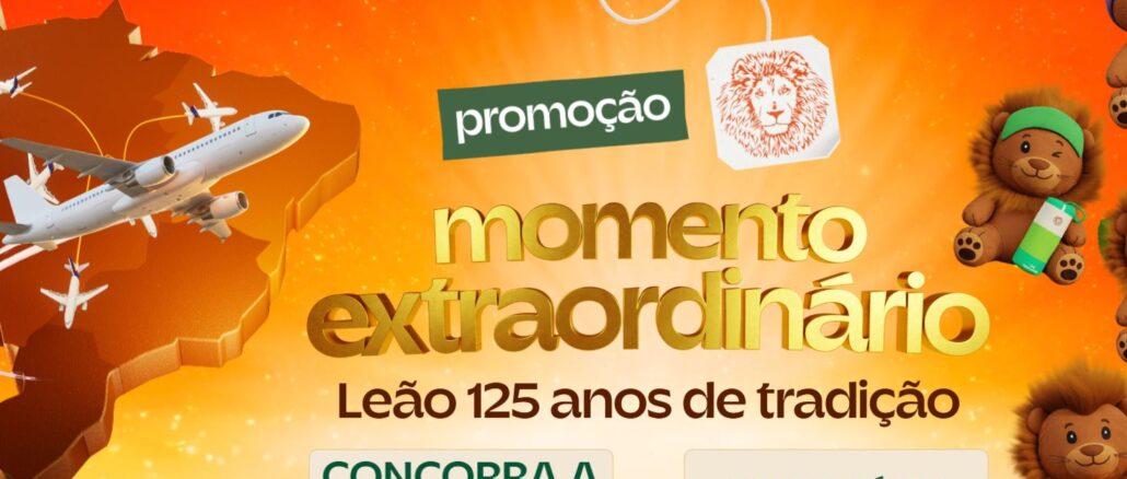 Banner da Promoção Leão 125 Anos de Tradição — Momento Extraordinário, com aviões sobrevoando o mapa do Brasil, pelúcias do Leão e chamadas para concorrer a 5 experiências pelo Brasil e ganhar pelúcias exclusivas.