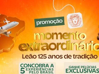 Banner da Promoção Leão 125 Anos de Tradição — Momento Extraordinário, com aviões sobrevoando o mapa do Brasil, pelúcias do Leão e chamadas para concorrer a 5 experiências pelo Brasil e ganhar pelúcias exclusivas.