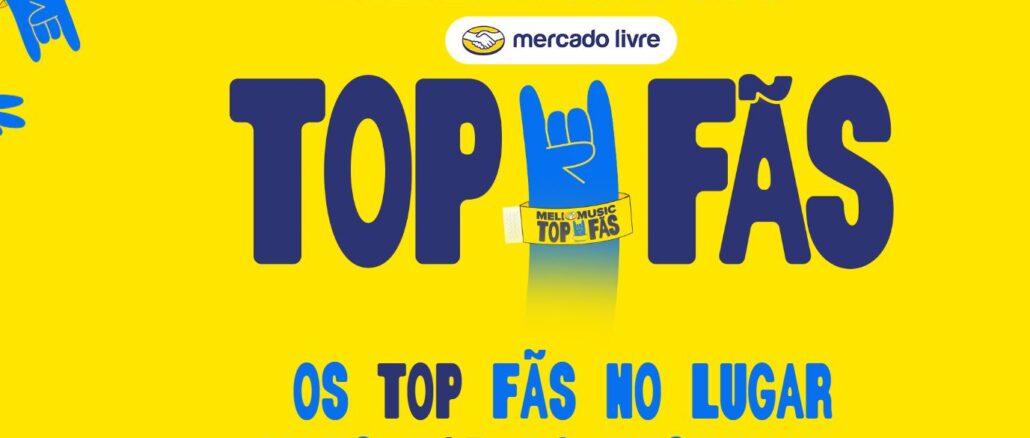 Banner promocional da campanha Meli Music Top Fãs do Mercado Livre, com fundo amarelo vibrante, logotipo da marca e ilustração de mão fazendo sinal de rock com pulseira de festival.