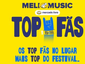 Banner promocional da campanha Meli Music Top Fãs do Mercado Livre, com fundo amarelo vibrante, logotipo da marca e ilustração de mão fazendo sinal de rock com pulseira de festival.