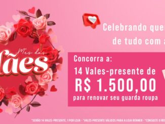 Banner da Promoção Mês das Mães Ayumi Supermercados 2026, com fundo rosa, arranjo de rosas vermelhas e rosadas, e chamada para concorrer a 14 vales-presente de R$1.500,00 cada para renovar o guarda-roupa na loja Renner.