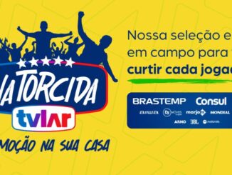 Banner promocional da campanha Na Torcida TVLar, com fundo amarelo-verde, silhuetas de torcedores comemorando e logotipos das marcas participantes Brastemp, Consul, TCL, Aiwa, DJ Móveis, Marjo, Mondial, Mueller, Arno, JBL e Motorola.