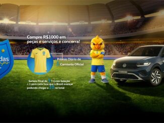 Promoção Pós-Vendas em Campo Vale+ da Volkswagen: compre R$1000 em peças e serviços e concorra a camisetas oficiais da Seleção Brasileira e até 10 carros T-Cross Seleção.