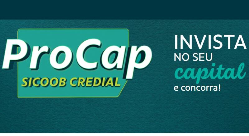 Logotipo do programa ProCap SICOOB CREDIAL ao lado da frase Invista no seu capital e concorra sobre um fundo verde escuro.
