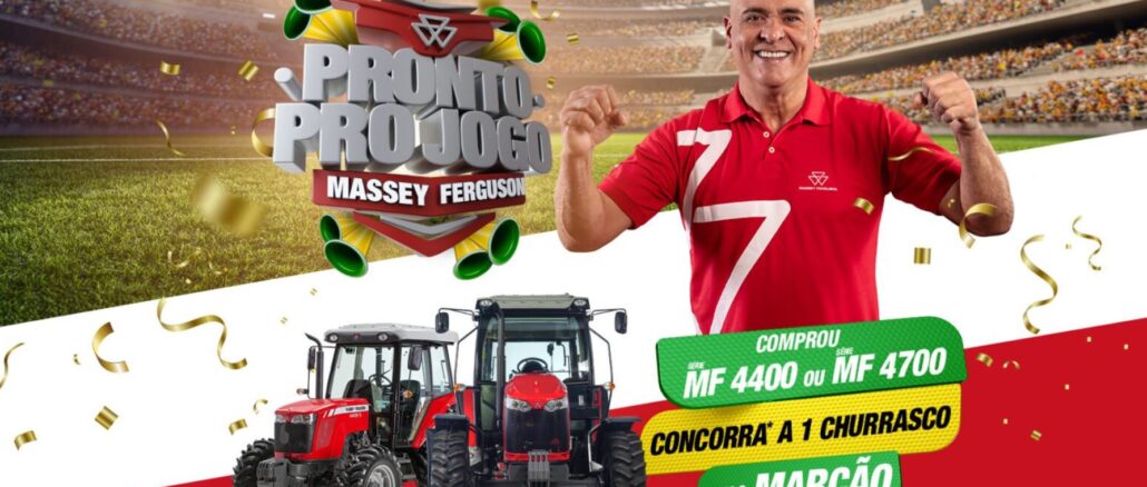 Banner da promoção Pronto Pro Jogo Massey Ferguson, com dois tratores das séries MF 4400 e MF 4700 e um homem careca sorridente vestindo camisa vermelha com o número 7.