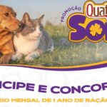 Banner da Promoção Quatree da Sorte com cão e gato deitados na grama e chamada para sorteio mensal de um ano de ração grátis.
