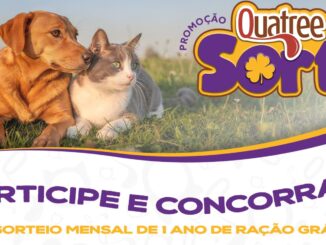 Banner da Promoção Quatree da Sorte com cão e gato deitados na grama e chamada para sorteio mensal de um ano de ração grátis.