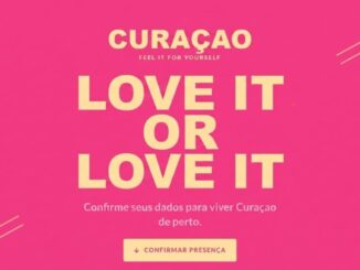 Banner promocional da ilha de Curaçao com fundo rosa vibrante, título "Love It or Love It" em letras grandes na cor creme e botão de confirmação de presença.