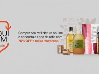 Banner promocional da Natura com a campanha Aqui Tem Refil Premiado, destacando produtos de refil das linhas Ekos, Tododia e Essencial, com a oferta de 70% de desconto e caixa-surpresa.