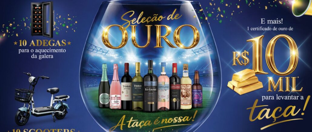 Banner da Promoção Seleção de Ouro da Bebidas Zanlorenzi, com prêmios de adegas, scooters e certificado de ouro de R$10.000,00.