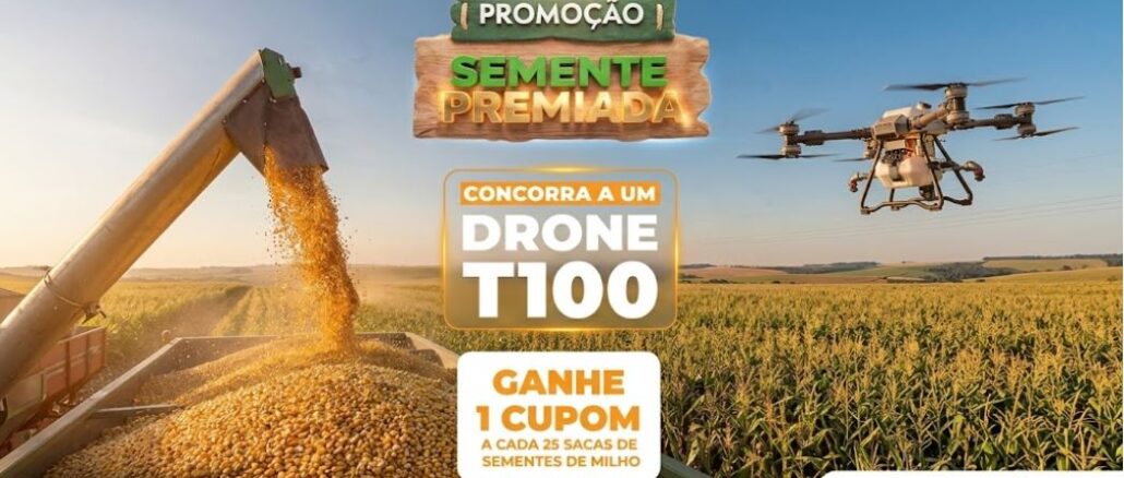 Peça publicitária da promoção Semente Premiada da Copacol, com imagem de colheita de milho e drone agrícola T100 voando sobre lavoura ao fundo.