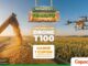 Peça publicitária da promoção Semente Premiada da Copacol, com imagem de colheita de milho e drone agrícola T100 voando sobre lavoura ao fundo.