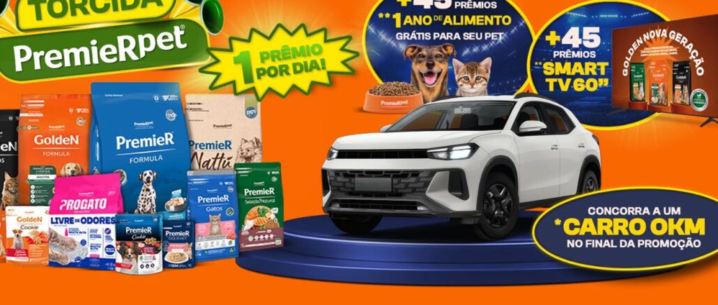 PROMOÇÃO TORCIDA PREMIERPET 2026 Banner promocional da campanha Torcida PremieRpet com fundo laranja vibrante. A imagem mostra um carro SUV branco sobre uma plataforma azul, diversas embalagens de ração para cães e gatos das marcas PremieR, Golden e Progato, e selos informativos sobre prêmios diários, TVs de 60 polegadas e um ano de alimento grátis.