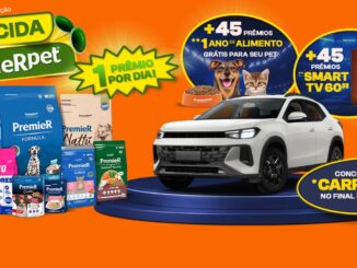 Banner promocional da campanha Torcida PremieRpet com fundo laranja vibrante. A imagem mostra um carro SUV branco sobre uma plataforma azul, diversas embalagens de ração para cães e gatos das marcas PremieR, Golden e Progato, e selos informativos sobre prêmios diários, TVs de 60 polegadas e um ano de alimento grátis.