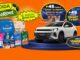 Banner promocional da campanha Torcida PremieRpet com fundo laranja vibrante. A imagem mostra um carro SUV branco sobre uma plataforma azul, diversas embalagens de ração para cães e gatos das marcas PremieR, Golden e Progato, e selos informativos sobre prêmios diários, TVs de 60 polegadas e um ano de alimento grátis.
