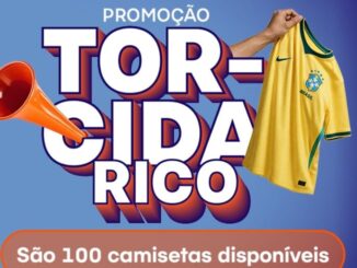 Peça publicitária da Promoção Torcida Rico, com destaque para o nome da promoção em letras grandes sobre fundo azul, uma corneta laranja à esquerda, uma mão segurando uma camisa oficial da seleção brasileira à direita, e o texto "São 100 camisetas disponíveis" em faixa laranja na parte inferior.