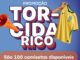 Peça publicitária da Promoção Torcida Rico, com destaque para o nome da promoção em letras grandes sobre fundo azul, uma corneta laranja à esquerda, uma mão segurando uma camisa oficial da seleção brasileira à direita, e o texto "São 100 camisetas disponíveis" em faixa laranja na parte inferior.