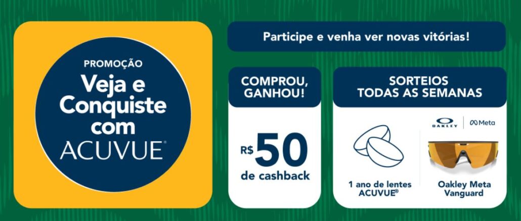 Banner promocional da campanha Veja e Conquiste com ACUVUE, destacando cashback de R$50 e sorteios semanais de lentes e óculos Oakley Meta Vanguard.