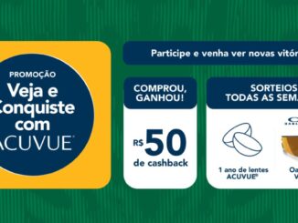 Banner promocional da campanha Veja e Conquiste com ACUVUE, destacando cashback de R$50 e sorteios semanais de lentes e óculos Oakley Meta Vanguard.