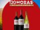 Três garrafas de vinho Santa Rita 120 Reserva Especial posicionadas à frente de uma paisagem de vinhedos e montanhas. O topo contém o texto 120 Horas de Experiência em fundo vermelho e dourado com um ícone de avião.