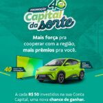 Banner publicitário da promoção Capital da Sorte 40 anos com fundo verde-azulado. A imagem destaca um carro BYD Dolphin Mini na cor verde vibrante e uma Smart TV de 65 polegadas. O texto informa que a cada R$50 investidos na Conta Capital, o cliente recebe uma chance de concorrer a 40 TVs e 1 carro zero quilômetro.