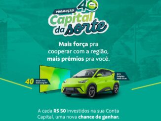 Banner publicitário da promoção Capital da Sorte 40 anos com fundo verde-azulado. A imagem destaca um carro BYD Dolphin Mini na cor verde vibrante e uma Smart TV de 65 polegadas. O texto informa que a cada R$50 investidos na Conta Capital, o cliente recebe uma chance de concorrer a 40 TVs e 1 carro zero quilômetro.