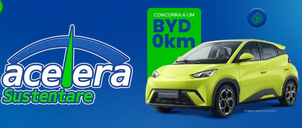Banner publicitário com fundo azul apresentando o logotipo Acelera Sustentare e um carro BYD Dolphin Mini verde limão. Um retângulo verde destaca o texto Concorra a um BYD 0km.