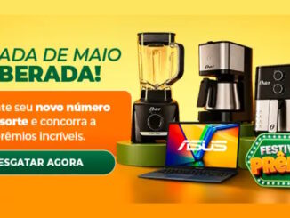 Banner promocional da campanha Alares Premia - Festival de Prêmios, com destaque para a Rodada de Maio Liberada, exibindo prêmios como notebook Asus, liquidificador, cafeteira e air fryer da marca Oster, sobre fundo amarelo vibrante.