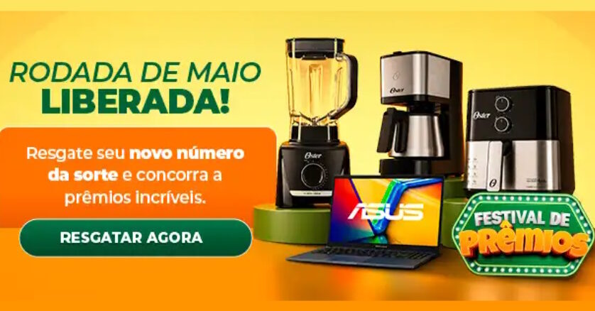 Promoção Alares Premia - Festival de Prêmios Banner promocional da campanha Alares Premia - Festival de Prêmios, com destaque para a Rodada de Maio Liberada, exibindo prêmios como notebook Asus, liquidificador, cafeteira e air fryer da marca Oster, sobre fundo amarelo vibrante.