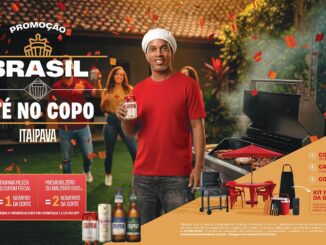 Peça publicitária da promoção Brasil Até no Copo, da Itaipava, estrelada por Ronaldinho Gaúcho, com informações sobre mecânica de participação, produtos participantes e prêmios, válida de 15/05/2026 a 12/08/2026.