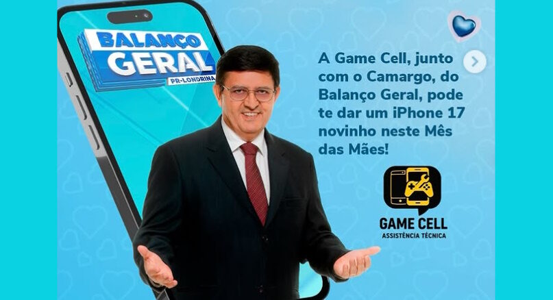 Promoção Camargo Game Cell Londrina Balanço Geral Record Homem de terno escuro com os braços abertos posicionado à frente de um smartphone gigante com o logotipo do Balanço Geral. Fundo azul decorado com corações e logotipo da Game Cell.