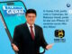 Homem de terno escuro com os braços abertos posicionado à frente de um smartphone gigante com o logotipo do Balanço Geral. Fundo azul decorado com corações e logotipo da Game Cell.