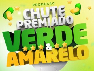 Arte promocional da campanha Chute Premiado Verde e Amarelo, com bola de futebol ao centro, estrelas douradas e elementos nas cores verde e amarelo sobre fundo degradê verde-claro.