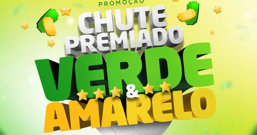 Arte promocional da campanha Chute Premiado Verde e Amarelo, com bola de futebol ao centro, estrelas douradas e elementos nas cores verde e amarelo sobre fundo degradê verde-claro.