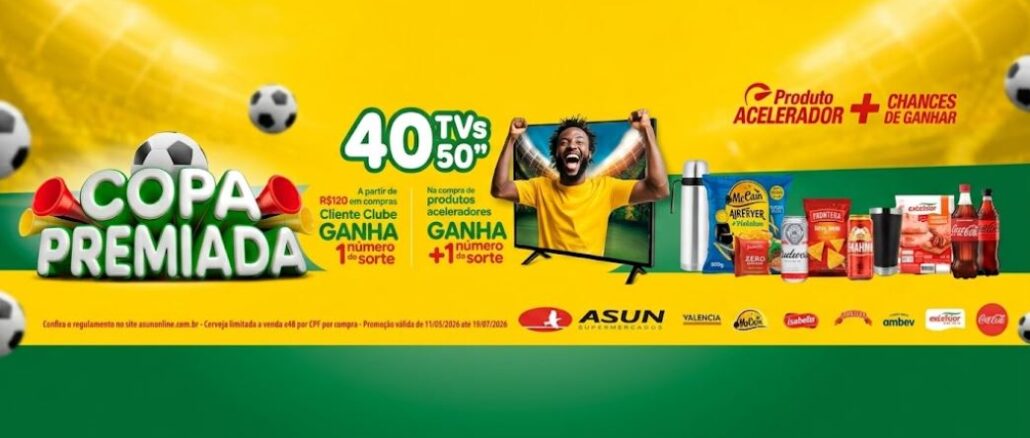 Promoção Copa Premiada Asun Supermercados no Rio Grande do Sul Banner promocional da Copa Premiada Asun Supermercados, com prêmios de 40 TVs de 50 polegadas, válida de 11/05/2026 a 19/07/2026 no Rio Grande do Sul.