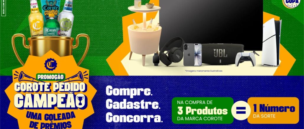 Banner promocional da Promoção Corote Pedido Campeão, com validade de 25/05/2026 a 19/07/2026, exibindo produtos da marca Corote e prêmios como televisão, PS5, iPhone, JBL e smartwatch.