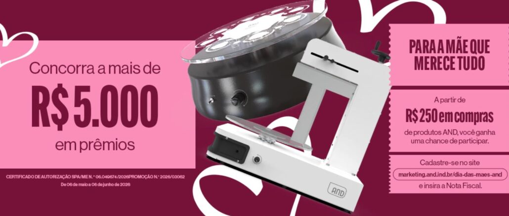 Banner promocional da campanha "Para a Mãe que Merece Tudo" da marca AND, com equipamentos gastronômicos e informações sobre prêmios de R$5.000,00 em vouchers para compras a partir de R$250,00.