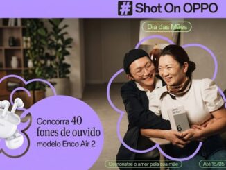 Banner promocional da campanha Shot On OPPO para o Dia das Mães, com duas pessoas sorrindo e segurando um smartphone OPPO A6 Pro, ao lado de fones de ouvido Enco Air 2.