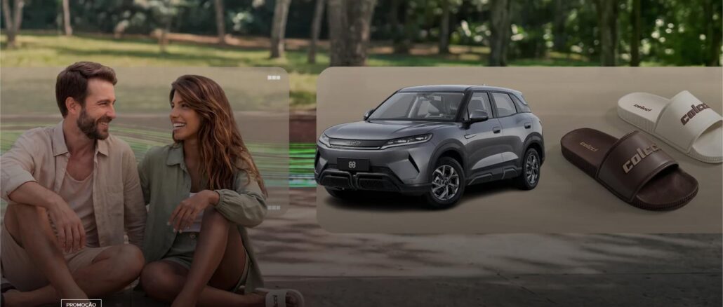 Promoção Dia dos Namorados no Shopping Anália Franco, com prêmios que incluem um SUV elétrico BYD e chinelos da marca Colcci.
