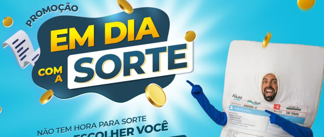 Banner promocional da campanha Em Dia com a Sorte da Águas Cuiabá, com um homem vestido de fatura de água e moedas douradas ao redor.